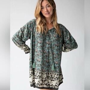 Natural Life Dara V-Neck Floral Tunic Dress in Sage Brown Hem, Size M